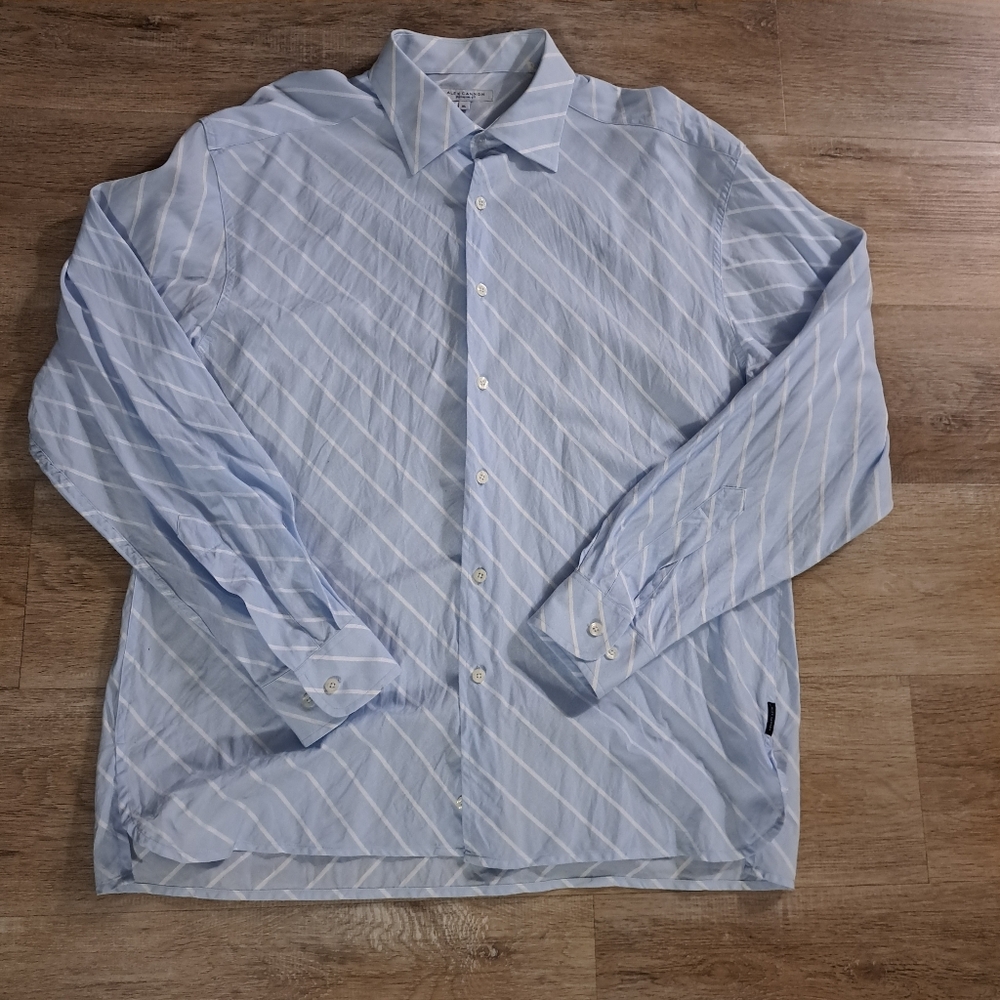 Alex Cannon Light Blue with White Striped Button Down Dress Shirt Men's Size XL